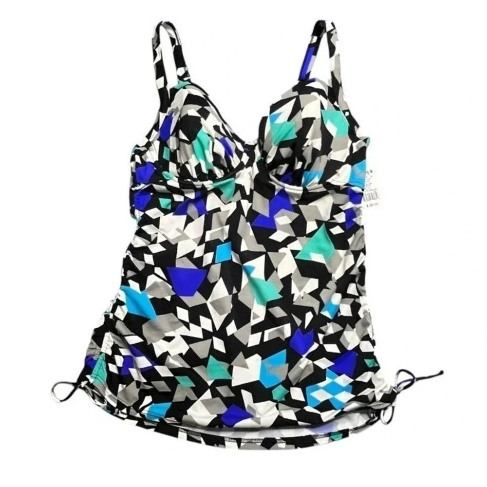 Upstream Womens Blue Geometric Underwire Tankini Swim Top Size 14‎ D-Cup NWT